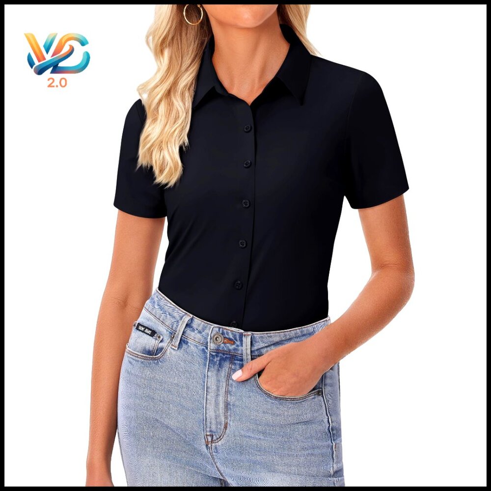 Slim Fit Stretch Short Sleeve Button Down Shirt Wrinkle Free Blouse